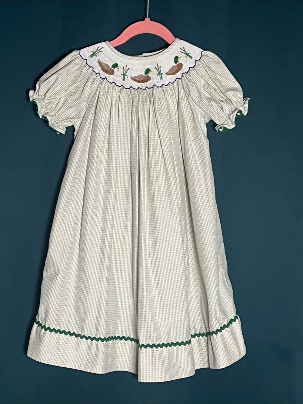 Smocked Duck dress - White with Green Trim